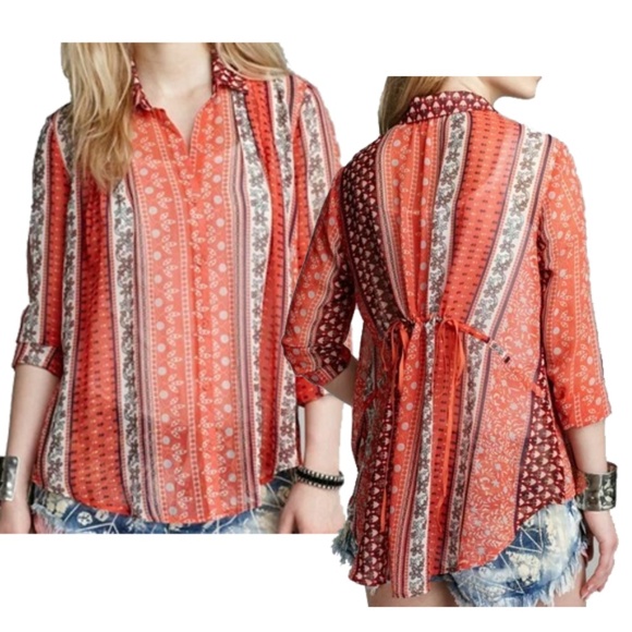 Free People moonlight miles coral patterned sheer blouse Size Large Boho - Picture 1 of 9